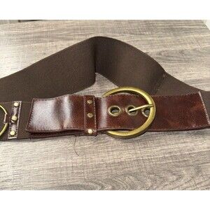 Women's Fashion Stretch Belt 42" Brass Cuff Buckle Studs and Rings Size XL